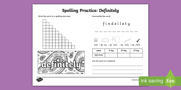 Definitely Spelling Practice Worksheet (teacher made)