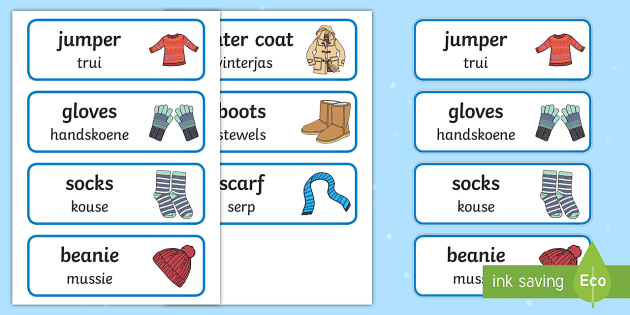 Winter Clothes Word Cards English/Afrikaans (teacher made)