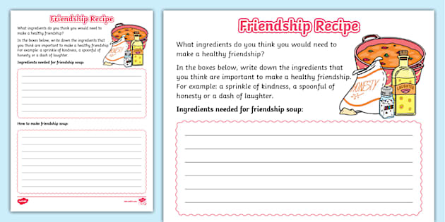 Healthy Friendships: Friendship Recipe Writing Activity