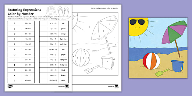 Sixth Grade Factoring Expressions Color by Number Beach Activity Worksheet