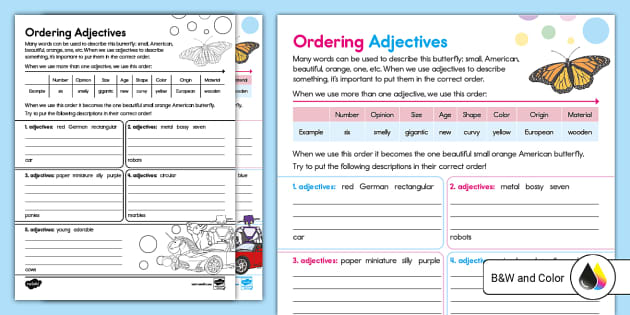 Ordering Adjectives Worksheet for K 2nd Grade (teacher made)