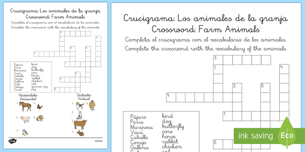 Crucigrama: Los animales de la granja en inglés y español
