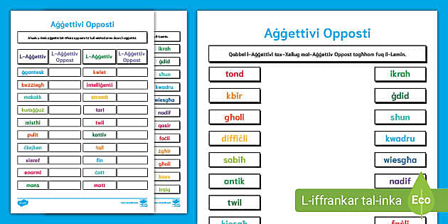 Karta tat-Taħriġ - Aġġettivi Opposti - Twinkl