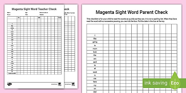 Magenta Reading Sight Words Checklist Teacher Made