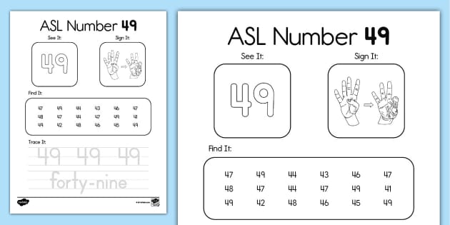 ASL Number 49 Worksheet (teacher made) - Twinkl