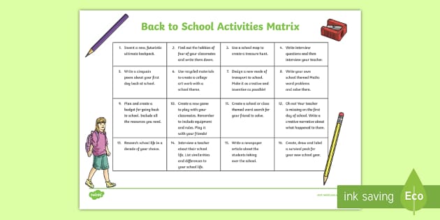 Back To School Activity Matrix Sheet - Primary Resources