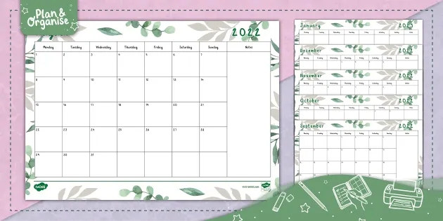 Botanical Themed | Month at a Glance Calendar | 2022-2023
