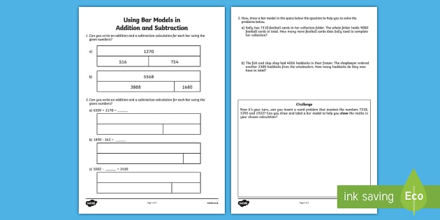 Addition and Subtraction Bar Model Worksheets for Year 6