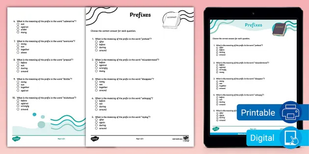 Prefixes and Suffixes Quiz (professor feito) - Twinkl