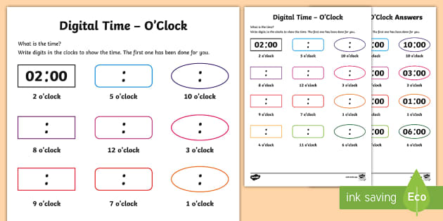Digital time KS1 - O'clock Worksheet - Primary Resources