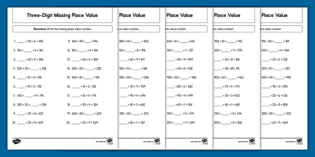 Second Grade Three Digit Missing Place Value Activity 2111