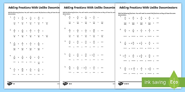 add fractions with different denominators practice activity