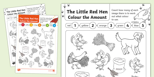 👉 The Little Red Hen Colour The Amount Worksheet Twinkl