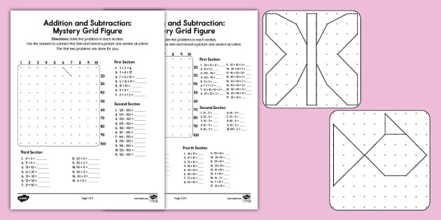 Second Grade Addition and Subtraction Mystery Grid Figures