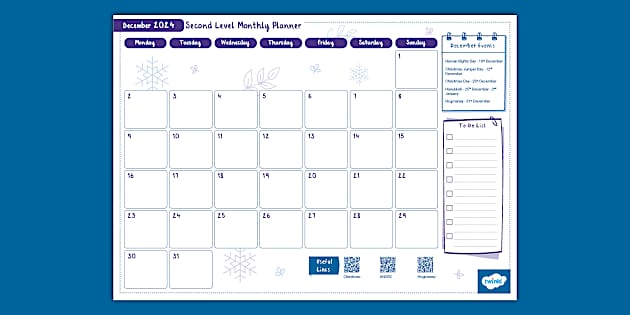 December Second Level Teacher A3 Doodle Planner Sheet