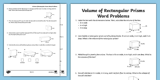 Sixth Grade Volume of Rectangular Prisms Word Problem Activity Worksheet