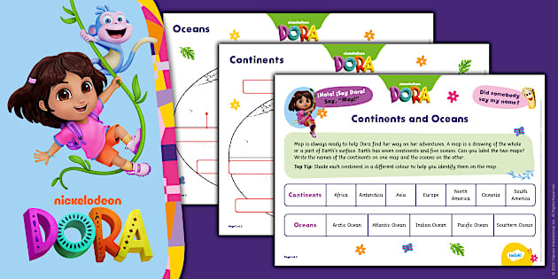 Explore with Dora: Continents and Oceans Labelling Activity