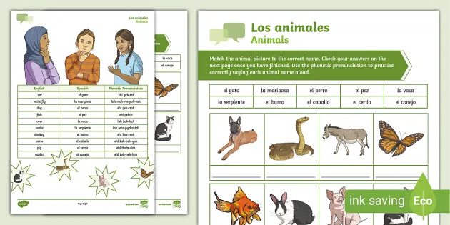 Basic Animals in Spanish | Match and Say | Twinkl Resources
