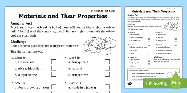 materials and their properties worksheet activity sheet