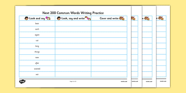 Next 200 Common Words Writing Practice Worksheet Twinkl