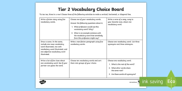 Tier 2 Vocabulary Choice Board Activity teacher Made 