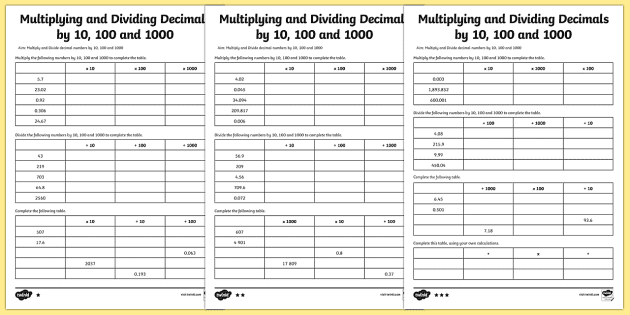 multiplying and dividing decimals worksheet 10 100 1000