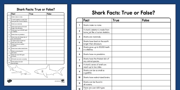 Shark Facts True Or False Activity For K-2Nd Grade - Twinkl