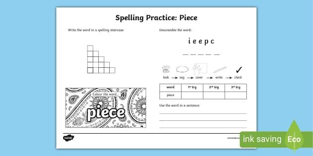 Piece Spelling Practice Worksheet (teacher made) - Twinkl