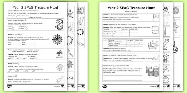 free year 2 english worksheets pdf spag treasure hunt