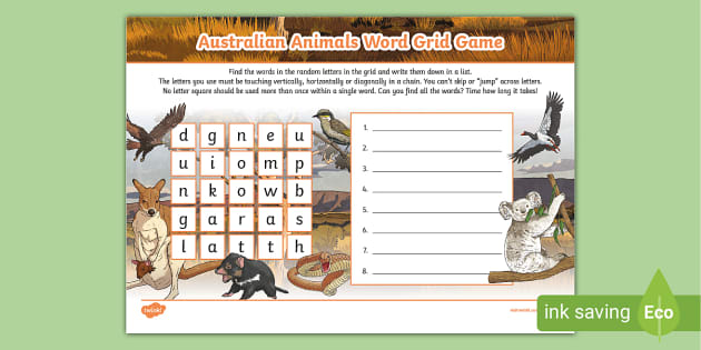 FREE! - Australian Animals Word Grid Game - Twinkl