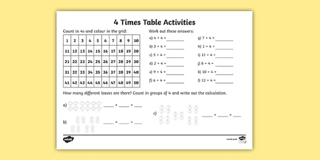 Four Times Table Worksheet Years 3 And 4 Teacher Made