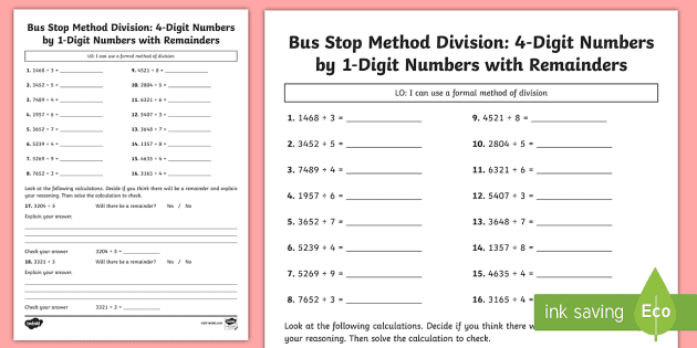 Bus Stop Method Formal Division Of 4 Digit Numbers With Remainders Worksheet