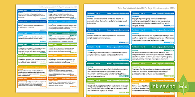 Australian Curriculum Korean F-2 Learning Outcomes Stickers