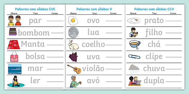 Palavras com sílabas V, CVC e CCV - Folhas de atividade