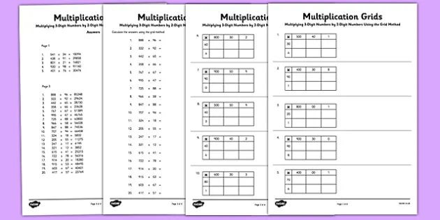 multiplying 3 digit numbers by 2 digit numbers using grid method worksheet