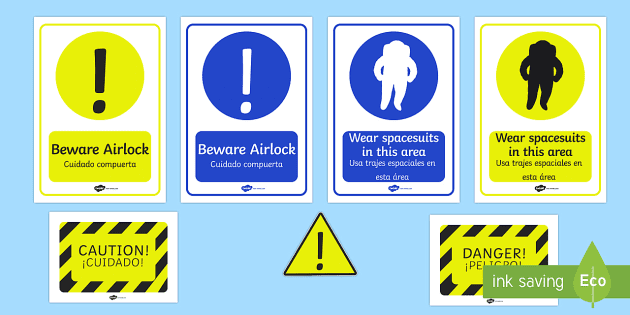 Spaceship Role Play Warning Posters English/Spanish - Twinkl