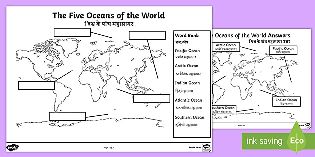 Oceans Map - Labelling Activity (English / Hindi) - Twinkl