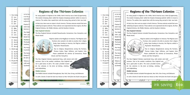 Colonial America Regions Of The Thirteen Colonies Differentiated Reading