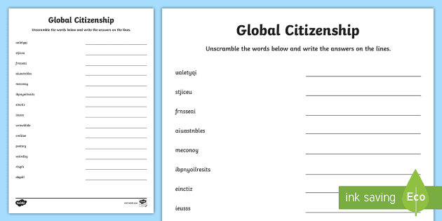 Global Citizenship Keywords Word Unscramble (teacher made)