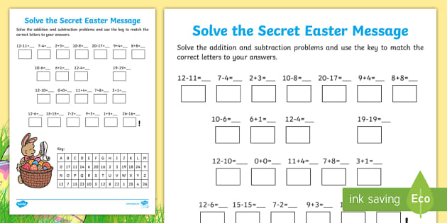 Easter Addition and Subtraction Secret Message Worksheet ...