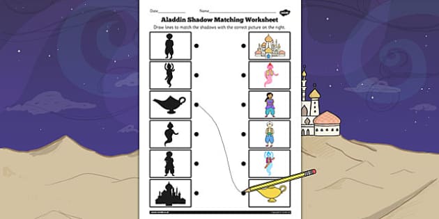 Aladdin Shadow Matching Worksheet (teacher made) - Twinkl