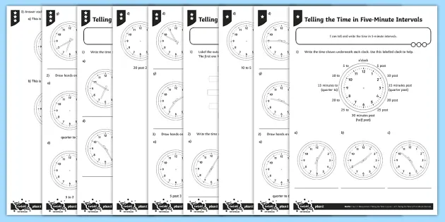 telling the time worksheets in 5 minute intervals