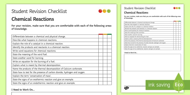 Chemical Reactions Student Revision Checklist Twinkl