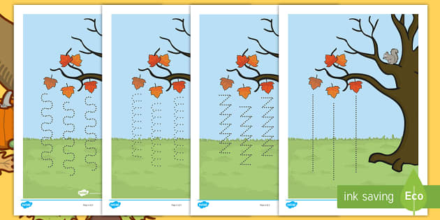 Autumn Tree Pencil Control Worksheet / Worksheets English/French