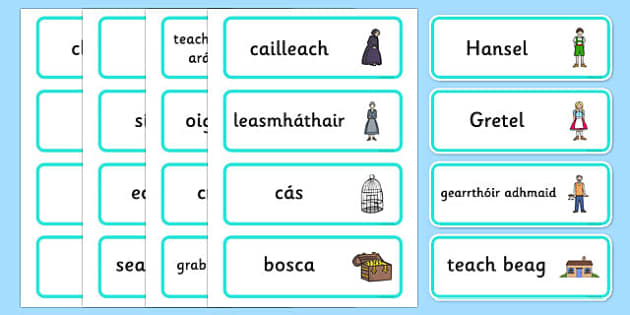 Hansel and Gretel Word Cards Gaeilge (teacher made) - Twinkl