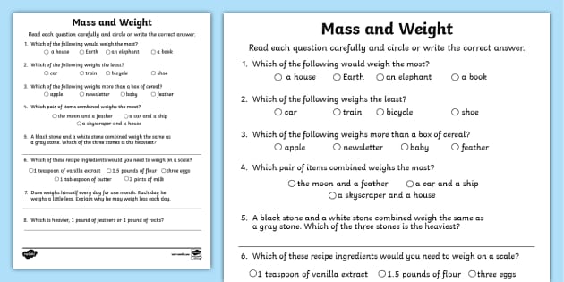 Comparing Weight and Mass Word Problems (Teacher-Made)