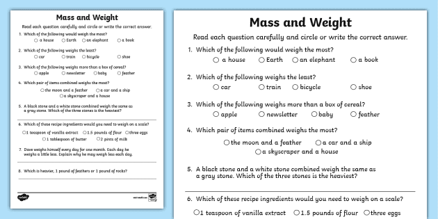 Comparing Weight and Mass Word Problems (Teacher-Made)