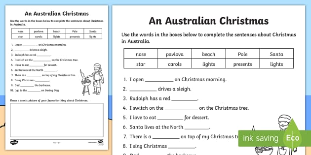 Australian Christmas Cloze Worksheet Worksheet