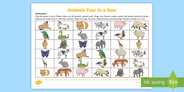 Various Animals Four in a Row Game - Spanish (teacher made)