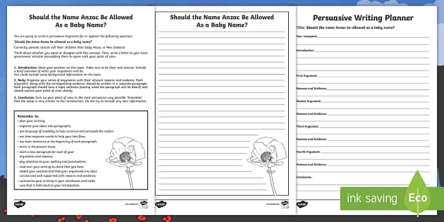 Anzac As a Baby Name Persuasive Writing Worksheet / Worksheet